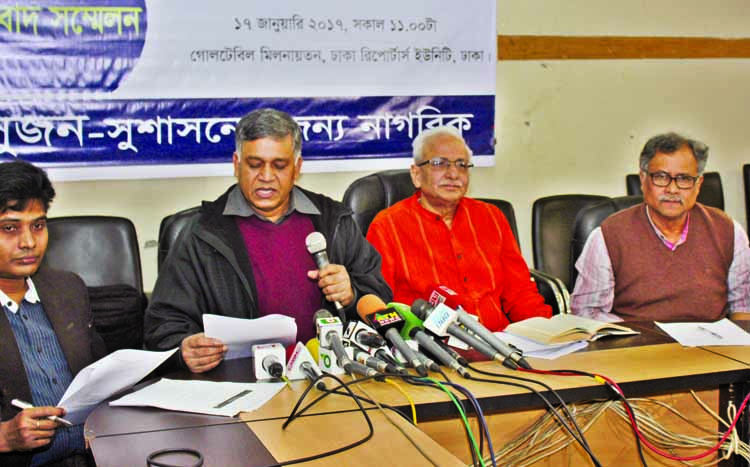 Speakers at a press conference on 'Review of Zila Parishad Elections and Informations of the Newly-elected Chairmen' organised by Citizens for Good Governance at Dhaka Reporters Unity on Tuesday.