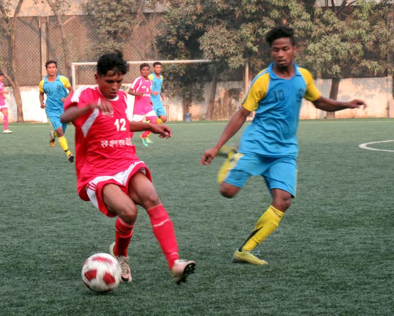 A moment of the Saif Power Tec Dhaka Metropolis Second Division Football League match between Tongi Krira Chakra and Shantinagar Club at Bir Shreshtha Shaheed Sepoy Mohammad Mostafa Kamal Stadium in the city's Kamalapur on Wednesday.