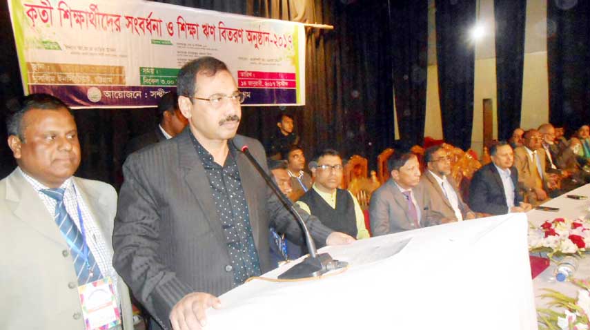 CCC Mayor A J M Nasir Uddin speaking at a reception and stipend- giving ceremony of meritorious students organised by Sandaip Education Society, Chittagong Unit yesterday.