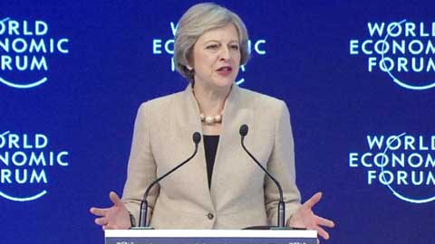 British Prime Minister Theresa May speaks on the third day of the annual meeting of the World Economic Forum in Davos, Switzerland on Tuesday.