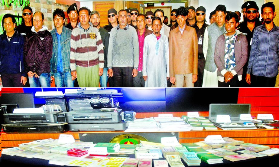 15 members of an international organised gang of human trafficking were arrested from the city's different areas and recovered passports, fake visas and cash money from their possessions on Thursday. This photo was taken from RAB media centre.