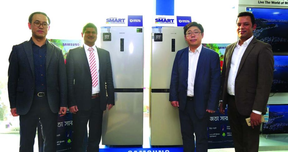 Seungwon Youn, Managing Director of Samsung Bangladesh, recently inaugurated its Bottom Mount Refrigerator at Dhaka International Trade Fair-2017. Firoze Mohammad, Head of Consumer Electronics, Choon Soo Moon, CEO and Md Ruhul Alam Al Mahbub, Managing Dir