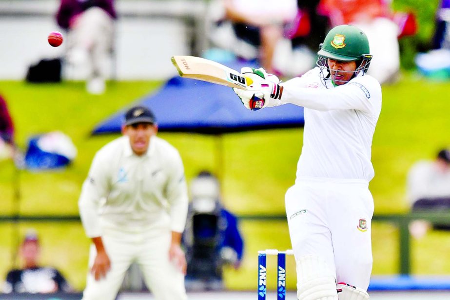 Soumya Sarkar goes through with a pull shot on the 1st day of the 2nd Test between Bangladesh and New Zealand at Christchurch in New Zealand on Friday. He scored highest 86 runs for Bangladesh.