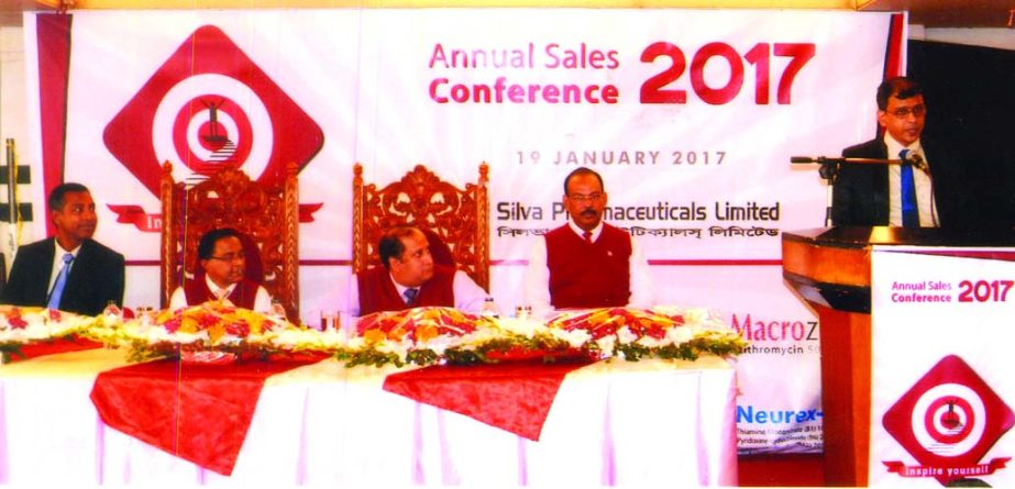 AR Hassan, Managing Director of Silva Pharmaceuticals Ltd, addressing at its Annual Sales Conference-2017 in a city hotel recently. ATM Kamrul Ahsan, General Manager and other high officials of the company were present in the meeting.