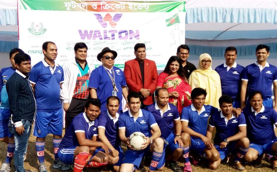 Walton-BTV Winter Sports Festival ended on Saturday. Members of â€˜Gorjonâ€™ team, who became champion in the football event pose for photo with guests at the Shaheed Surgent Zahurul Haque play ground in Dhaka University.