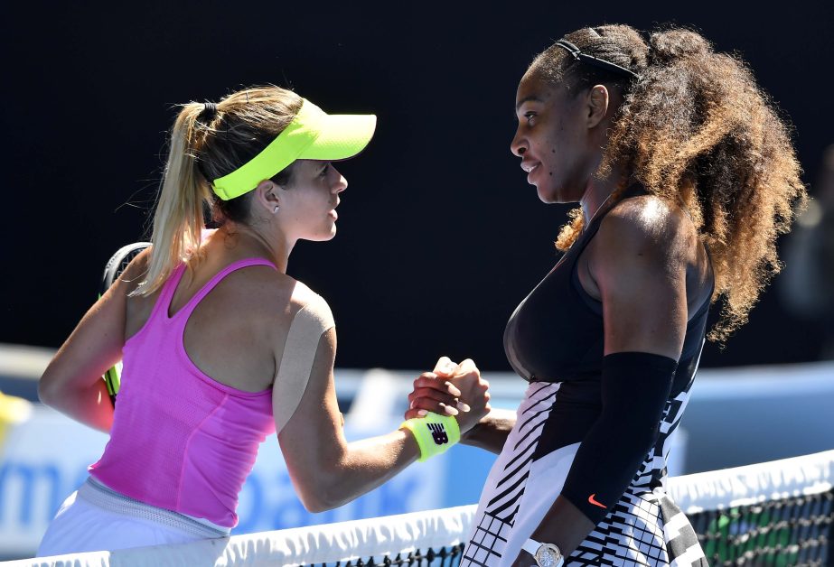 United States' Serena Williams, right, is congratulated by compatriot Nicole Gibbs after winning their third round match at the Australian Open tennis championships in Melbourne, Australia on Saturday.