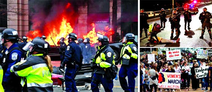 Firefighters arrive as police stand guard in front of a limousine as multiple vehicles were set ablaze during a protest on the sidelines of the inauguration (left). (Right Top) Police block entrance to a bridge as demonstrators protest the inauguration of