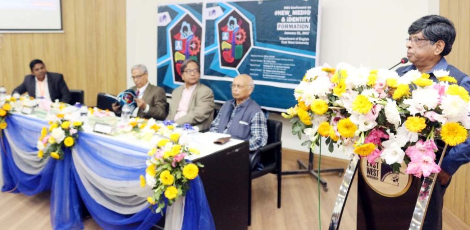 Dr Mohammed Farashuddin, the Chairperson of the Board of Trustees of East West University speaks at a conference on new media and its role in identity formation held on EWU campus at Aftabnagar in the capital on Saturday.