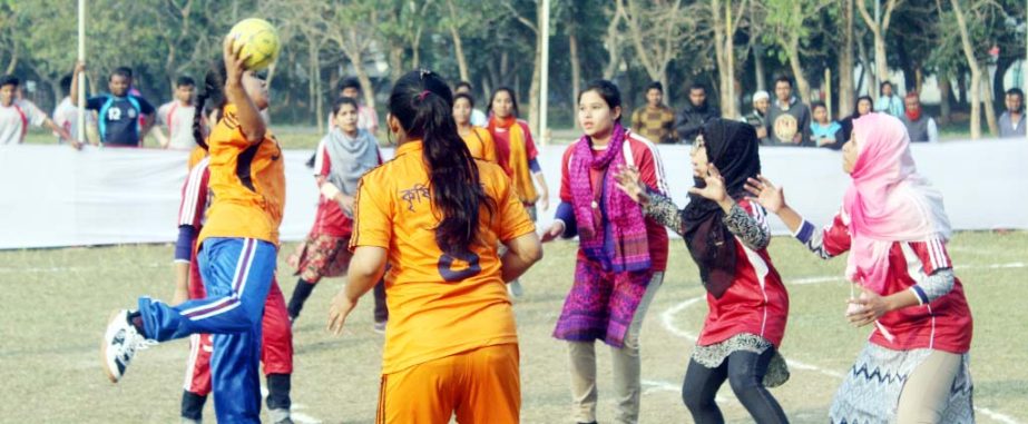 A view of the four daylong Inter-faculty Handball Tournament at Gymnasium field of Bangladesh Agricultural University recently.
