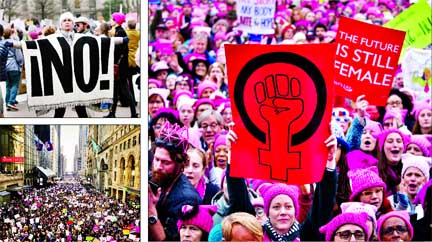 Hundreds of thousands of demonstrators gathered for the Women's March against Trump in Washington on Saturday. (right) A woman displays a blanket at the Women's March (left top). Protesters on 42nd Street in front of Grand Central Terminal during the Wo