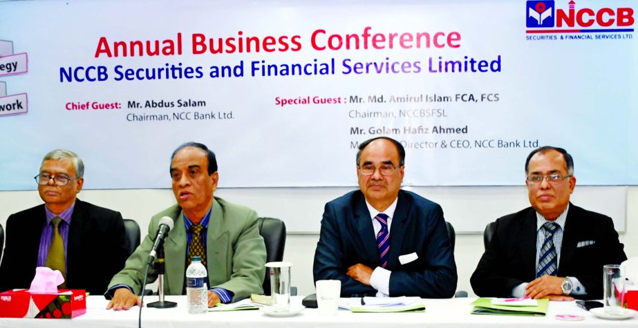 Abdus Salam, Chairman of NCC Bank Ltd, inaugurated its "Annual Business Conference" for Executives & Branch Managers at its Head Office recently in the city. Md. Amirul Islam FCA, Chairman of NCCB Securities, Golam Hafiz Ahmed, AZM Saleh, Directors and