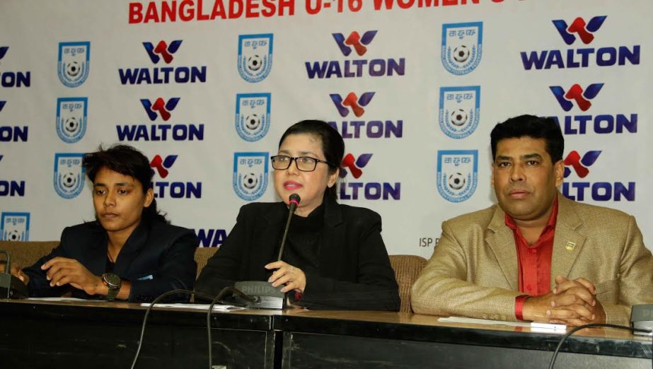 Chairperson of the Women's Wing of the Bangladesh Football Federation (BFF) Mahfuza Akter Kiron speaking at a press conference at the conference room of BFF House on Monday.