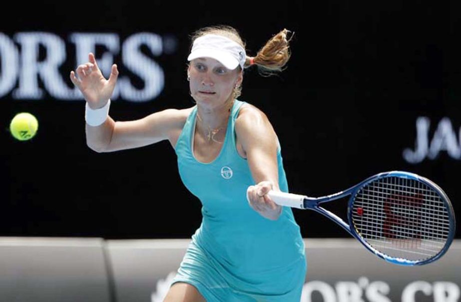 Russia's Ekaterina Makarova plays a forehand to Britain's Johanna Konta during their fourth round match at the Australian Open tennis championships in Melbourne, Australia on Monday.