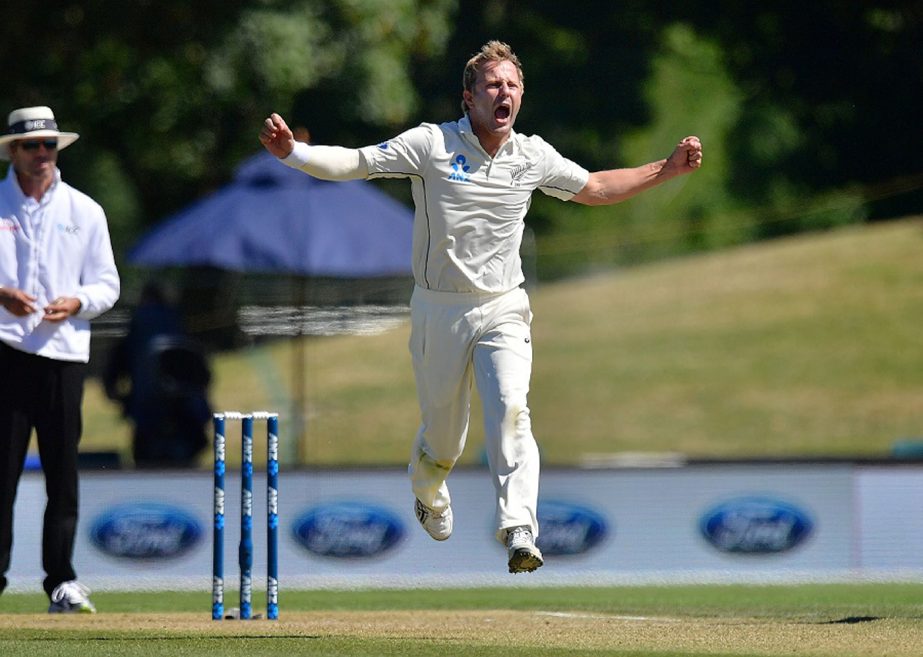 New Zealand's Neil Wagner celebrates after Bangladesh's Sabbir Rahman was caught during day four of the second international Test cricket match between New Zealand and Bangladesh at Hagley Park Oval in Christchurch on Monday.