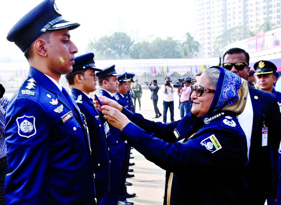 Marking the Police Week 2017 Prime Minister Sheikh Hasina giving the Bangladesh Police Medal and Bangladesh Presidential Medal to the officers for control of crimes, honesty and their efficiency at Rajarbagh Police Line on Monday.