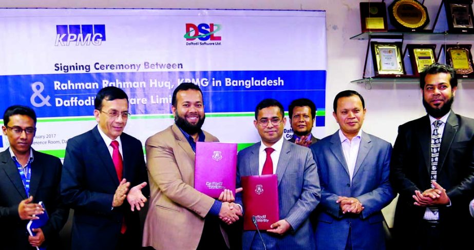 Daffodil Software Limited (DSL) signs a MoU with Rahman Rahman Huq Chartered Accounts, KPMG in the city on Tuesday. Mohamed Emran Hossain Director of DSL and Mehedi Hasan, Partner of Rahman Rahman Huq Chartered Accounts, KPMG (Bangladesh), signed the MoU