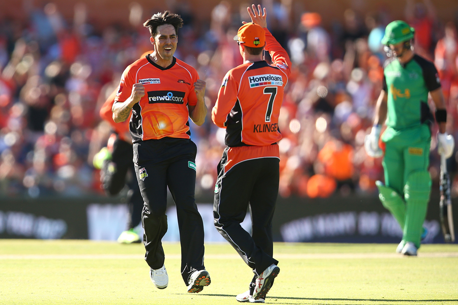 Mitchell Johnson celebrates after removing Kevin Pietersen during the Big Bash League 2016-17 between Perth Scorchers and Melbourne Stars at Perth on Tuesday.