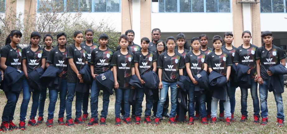 Photo session before leave : Members of Bangladesh U-16 girls' team left for Japan on Tuesday evening to take part in the J-Green Sakai Women's Football Festival in Osaka.