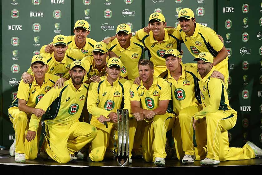 Australian players celebrate with their trophy after game five of the One Day International series between Australia and Pakistan at Adelaide Oval in Adelaide, Australia on Thursday.