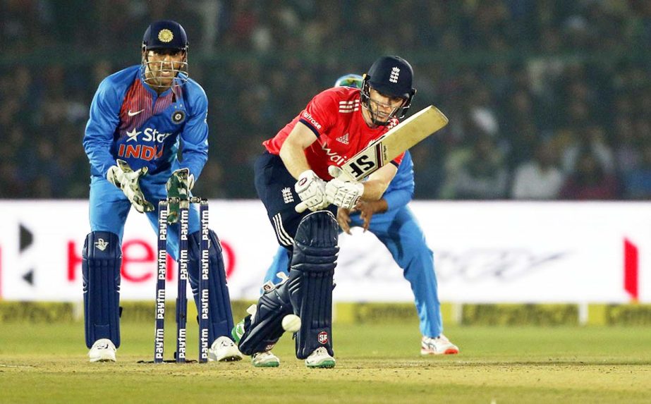 England's captain Eoin Morgan plays a shot during their first Twenty20 cricket match against India at Green Park stadium in Kanpur, India on Thursday.