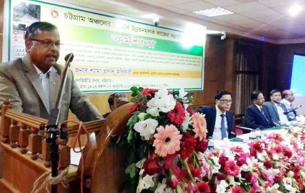 Shyama Prosad Adhikari, Chief Engineer of Local Government Engineering Department (LGED) speaking as Chief Guest at a day -long review meeting of development works of Chittagong region at Chittagong LGED Bhaban yesterday.