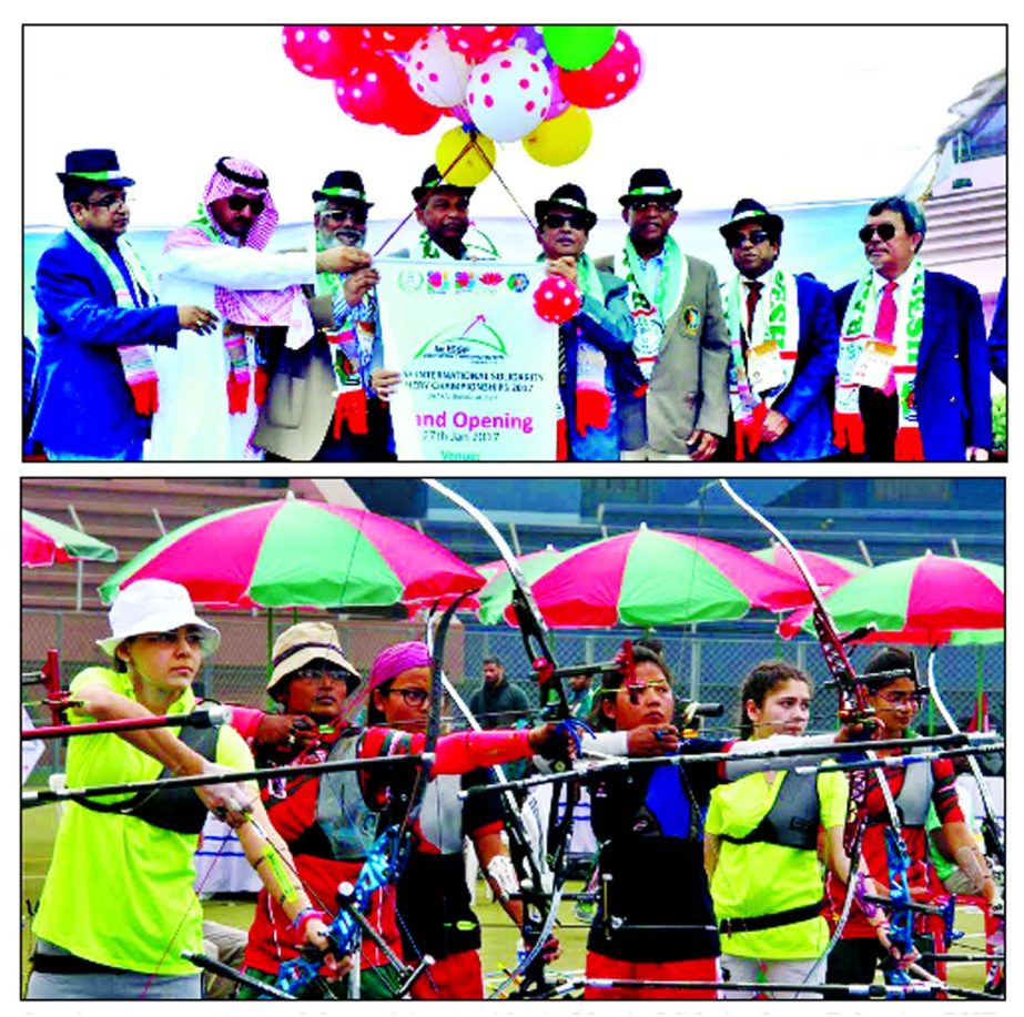 Opening ceremony (top) and the participants of the 1st Islamic Solidarity Sports Federation (ISSF) International Archery Championship in action at Moulana Bhashani National Hockey Stadium on Friday.