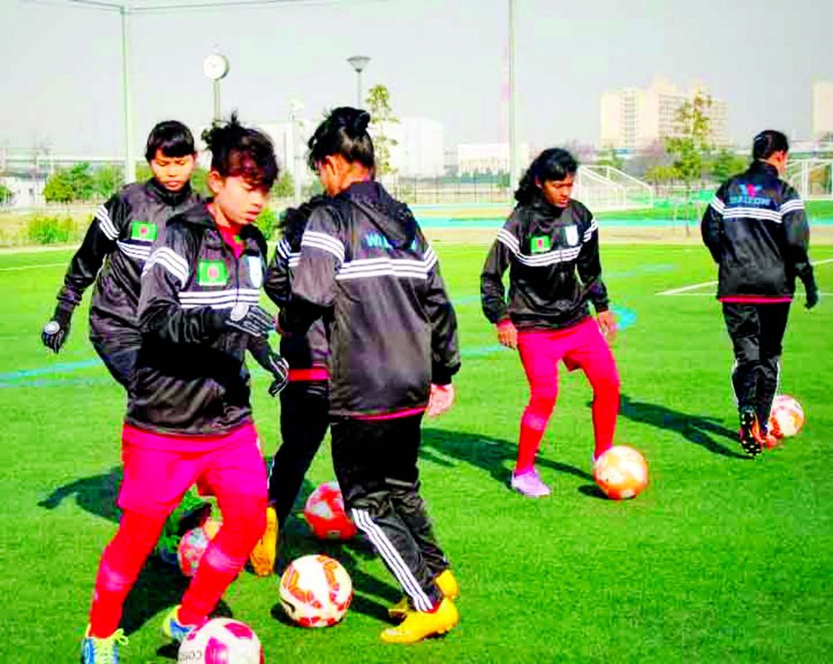 Players of Bangladesh U-16 Women's National Football team during a practice session in Osaka ,Japan on Friday.