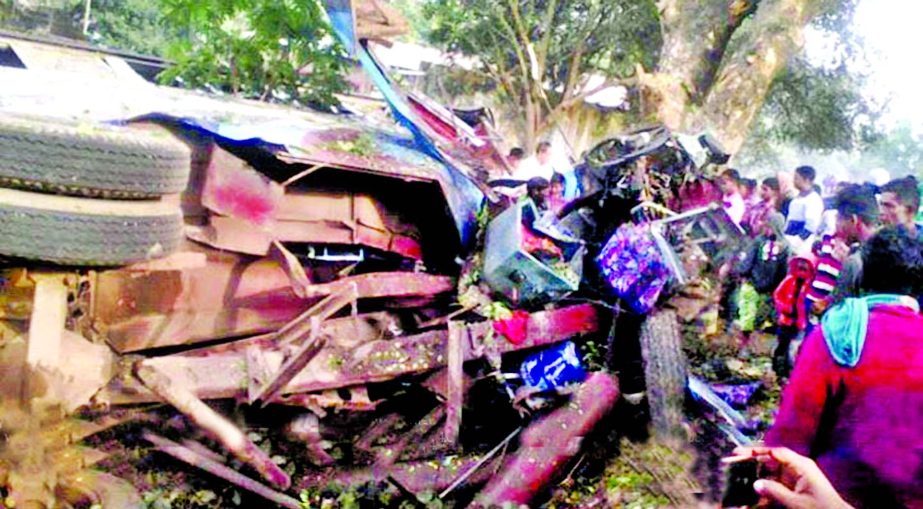 A man and his son were killed and 25 others injured as a speedy bus rammed into a roadside tree at Kandigaon under Nabiganj Upazila in Habiganj on Friday.