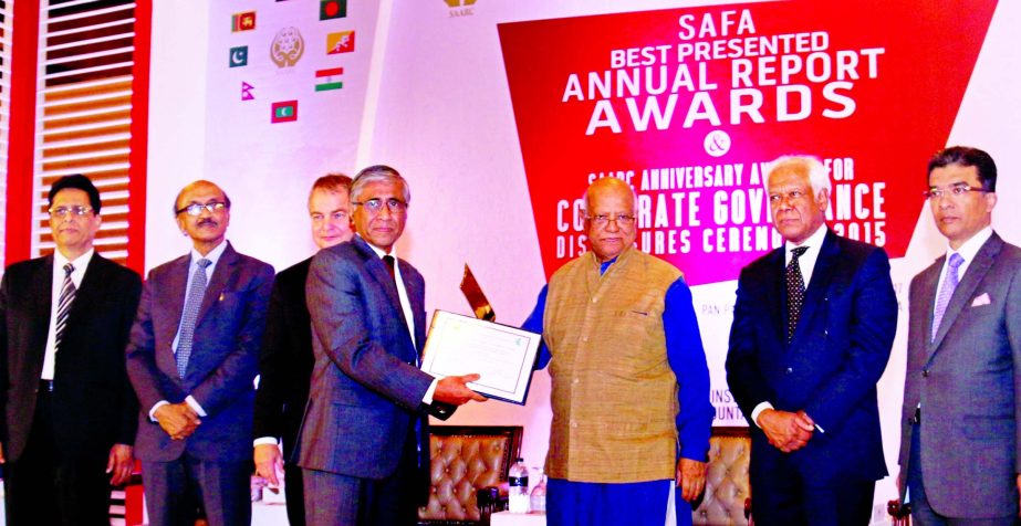 Ahmed Kamal Khan Chowdhury, Managing Director of Prime Bank Ltd, received the South Asian Federation of Accountants (SAFA) Best Presented Annual Report Award from Finance Minister AMA Muhith, MP, in a city hotel recently. Fazle Kabir, Bangladesh Bank Gove