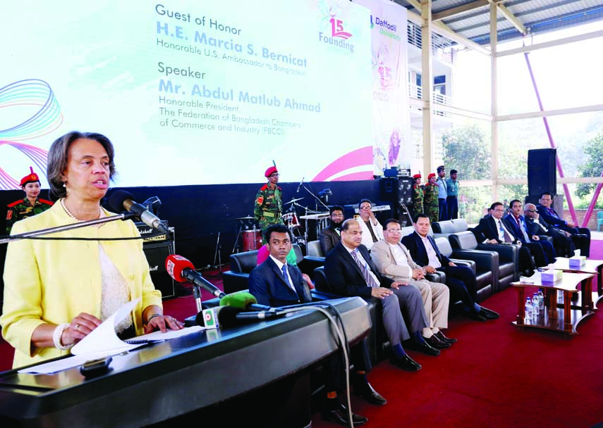 US Envoy to Bangladesh Marcia Stephens Bloom Bernicat addressing as the guest of honour at the 15th founding anniversary programme of the Daffodil International University on its campus on Saturday.