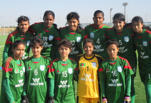 Players of Bangladesh Under-16 National Women's Football team pose for a photo session after earning mixed success in the J-Green Sakai Womens Festival at Osaka in Japan on Saturday.