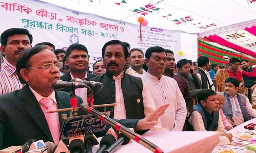 Minister for Railways Mujibul Haque speaking at the prize-giving ceremony as the chief guest of the Annual Sports Competition of Chauddagram Sangishwar High School in Comilla on Saturday.