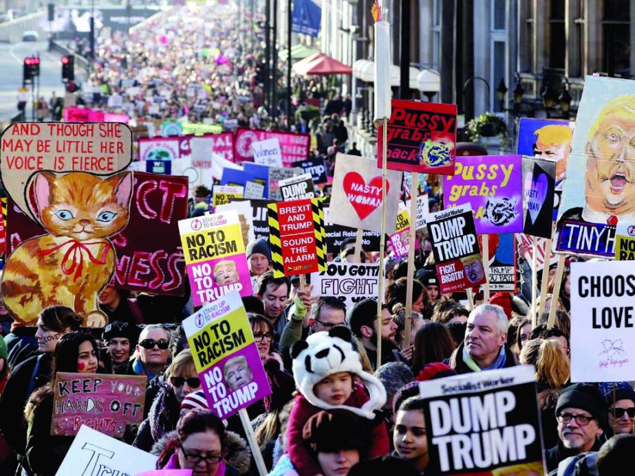 Protesters make their way through the streets of London during the Women's March on Saturday. Internet photo