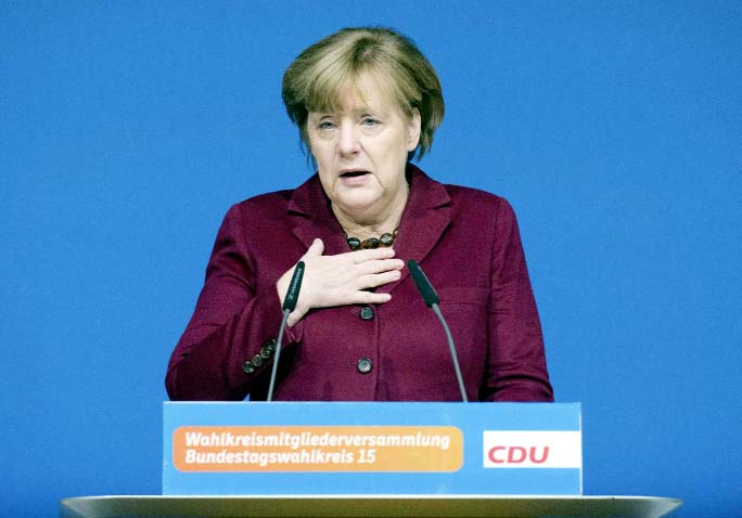 German Chancellor Angela Merkel delivers a speech at a local meeting of her Christian Democrats, CDU, in Grimmen, northern Germany, on Saturday.