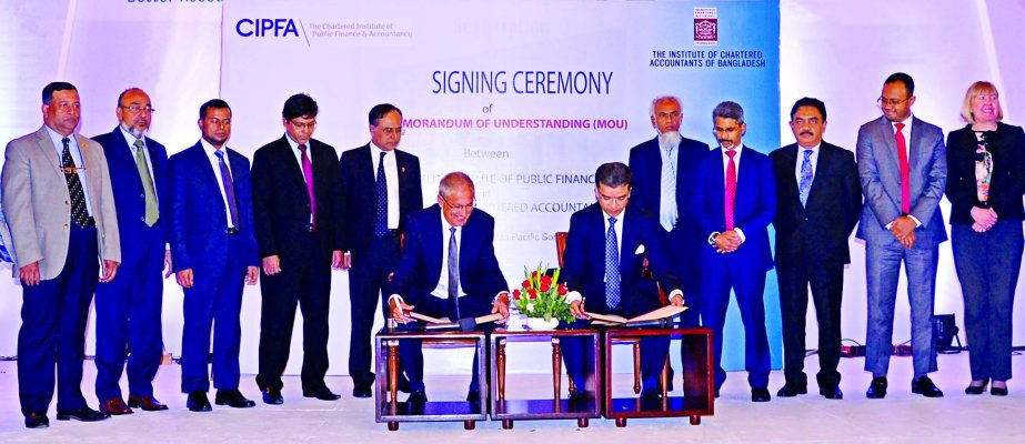 Ian Ball, CIPFA International Chairman and Adeeb Hossain Khan FCA, ICAB President signed a MoU at a city hotel on Saturday to help strengthen public financial management in Bangladesh. Gillian Fawcett, CIPFA Head of Governments Faculty and Mostafa Kamal
