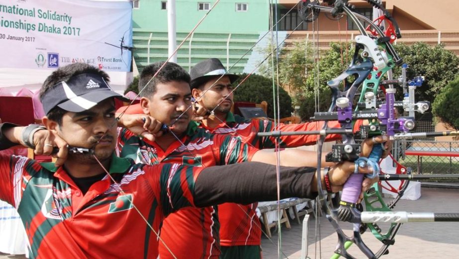 (L-R) Mamun, Milon Mollah & Milon in Compound final in the 1st Islamic Solidarity Sports Federation (ISSF) International Archery Championship at Moulana Bhashani National Hockey Stadium on Sunday.