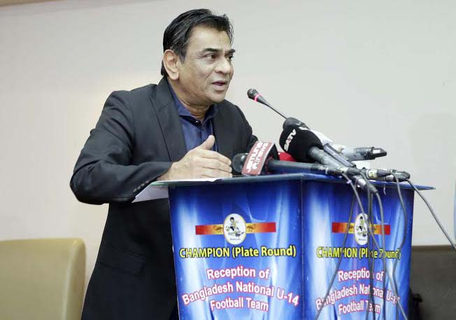 President of Bangladesh Football Federation (BFF) Kazi Salahuddin addressing a press conference at the conference room of BFF House on Sunday.