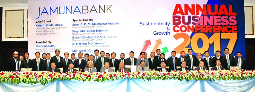 Kanutosh Majumder, Executive Committee Chairman of Jamuna Bank Ltd (JBL), presided over its Annual Business Conference-2017 at a city hotel recently. Nur Mohammed, Chairman, JBL Foundation, Engr. Atiqur Rahman, Md Tazul Islam, MP, Shaheen Mahmud, Director