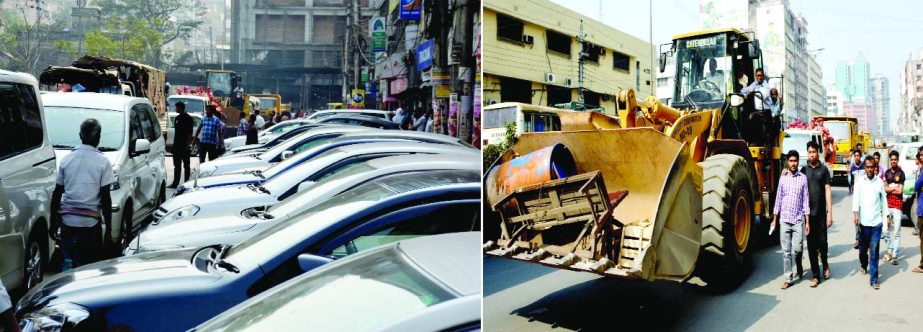 Most of the establishments in city's commercial hub do not have parking facilities on their own buildings, they keep their cars parked blocking (left) the easy movement of vehicles and the people despite DSCC's on going drive to evict hawkers from the