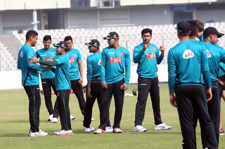 Players of Bangladesh National Cricket team during their practice session at the BCB-NCA Academy Ground in Mirpur on Wednesday.