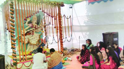 SYLHET: People of Hindu communities at a puja mandap performing the Saraswati Puja on Wednesday.