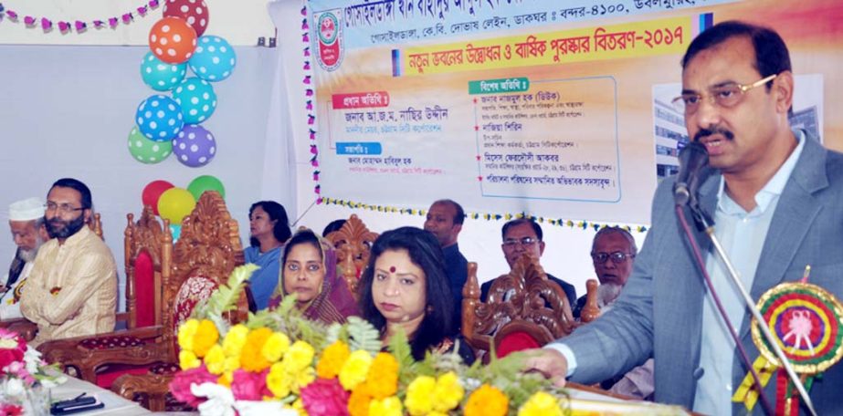 CCC Mayor AJM Nasir Uddin speaking as Chief Guest at the annual prize-giving ceremony of JSC and SSC examinees of Khan Bahadur Abdul Haq Dovash City Corporation Girls' School yesterday.