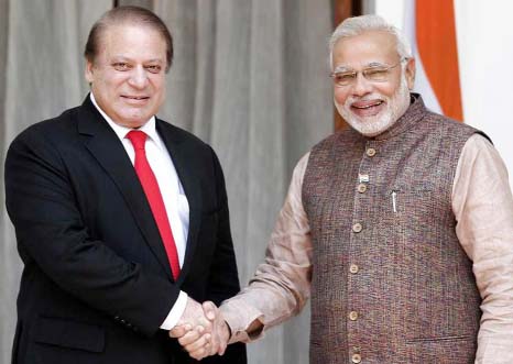Indian Prime Minister Narindra Modi shaking hands with Pakistan Prime Minister Nawaz Sharif.