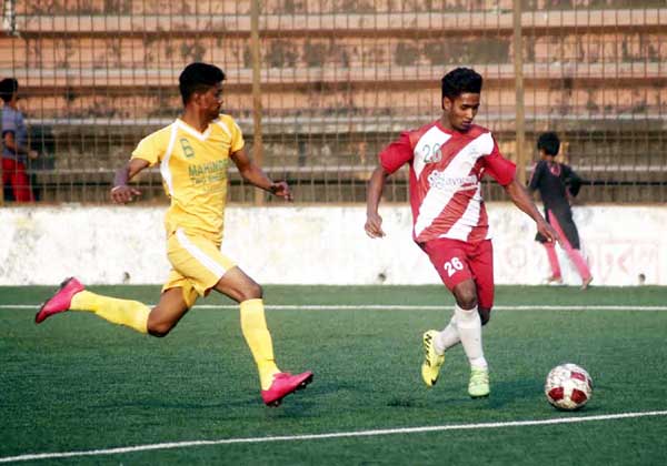 A moment of the match of the Saif Power Tec Dhaka Metropolis Second Division Football League between East End Club and Purbachal Parishad at the Bir Shreshtha Shaheed Sepoy Mohammad Mostafa Kamal Stadium in Kamalapur on Monday. The match ended in a 1-1 dr