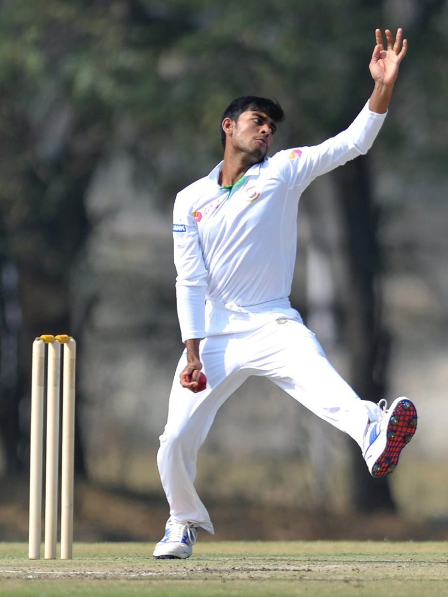Bangladesh's Mehedi Hasan Miraj bowls during the second day of a two-day practice cricket match between India A and Bangladesh at Gymkhana Ground in Secunderabad, the twin city of Hyderabad on Monday.