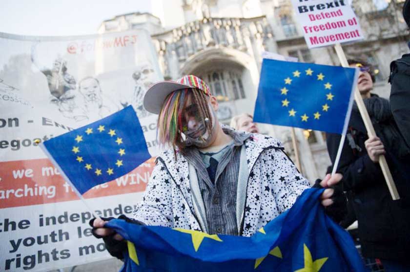 Pro-Europe demonstrators protest outside the Supreme Court building in London.