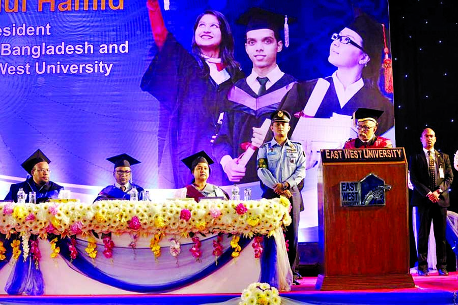 President Abdul Hamid addressing the 16th convocation of the East West University (EWU) at Aftabnagar in the city yesterday afternoon.