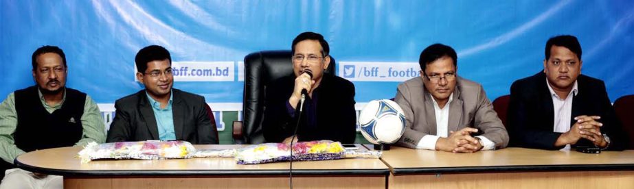 Senior Vice-President of Bangladesh Football Federation (BFF) Abdus Salam Murshedy speaking at a press conference at the conference room of BFF House on Thursday.