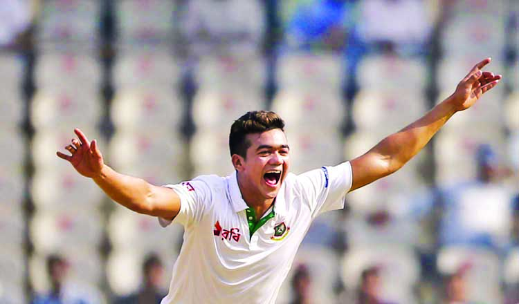 Taskin Ahmed celebrates the dismissal of India's Lokesh Rahul during their first day of the Test match at Rajiv Gandhi International Cricket Stadium in Hyderabad, India on Thursday. (News on page 7) Internet photo