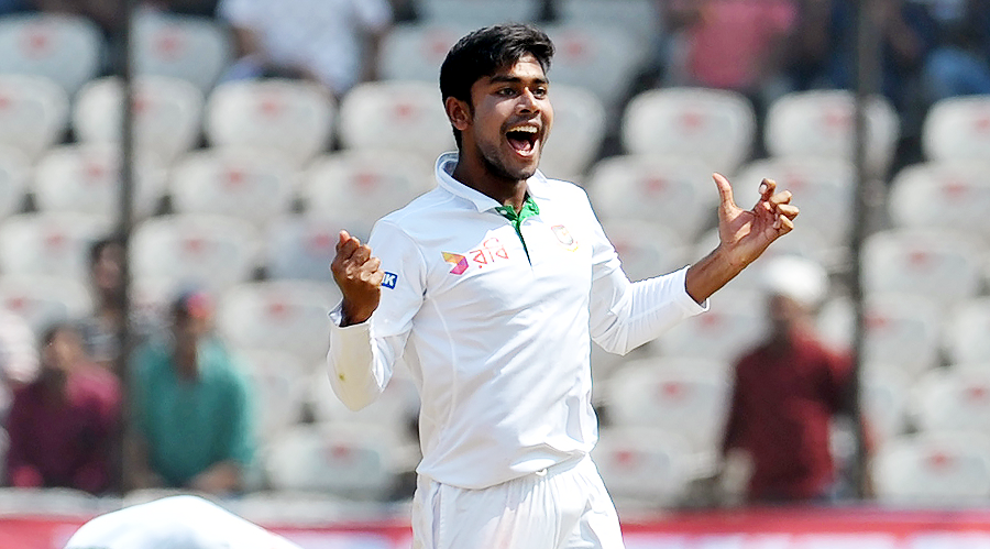 Mehedi Hasan celebrates after dismissing R Ashwin on the second day of the Test cricket match between India and Bangladesh at the Rajiv Gandhi International Cricket Stadium in Hyderabad on Friday.